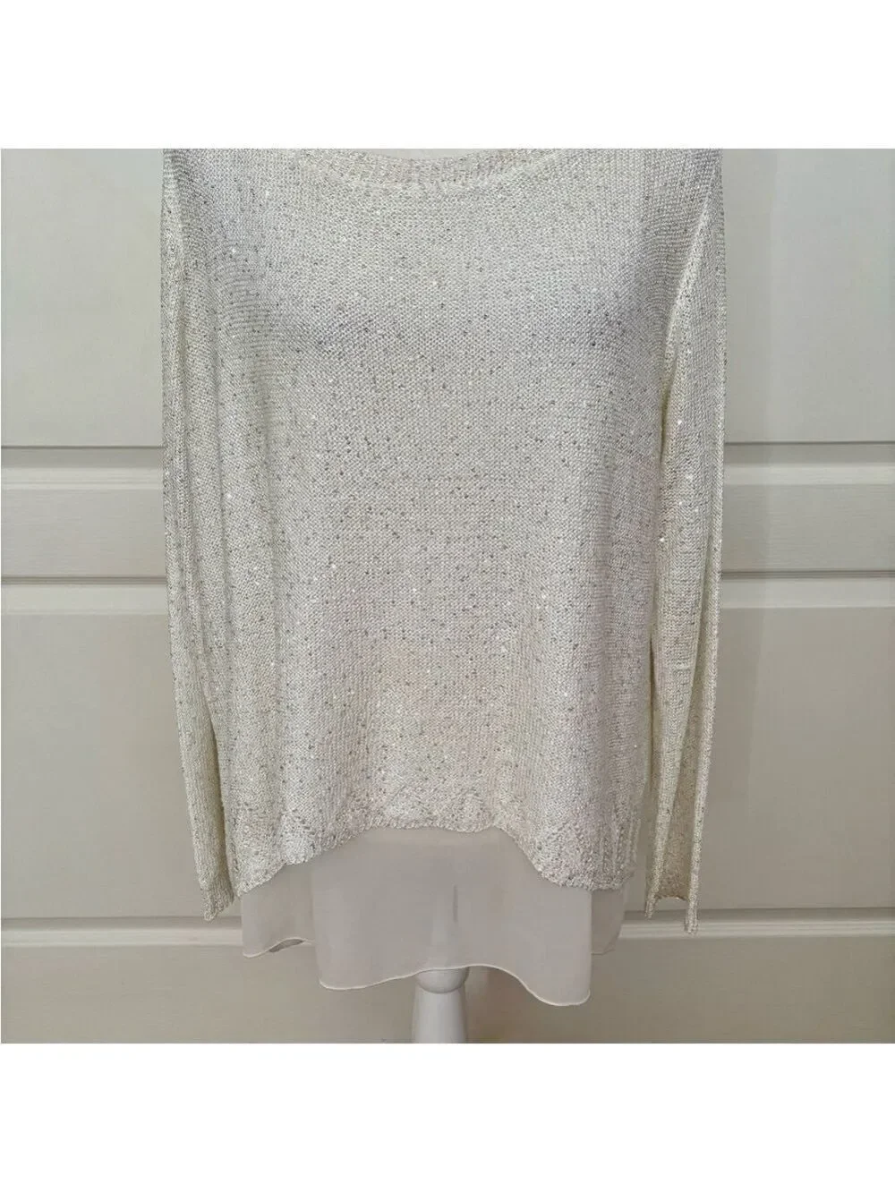 Sioni Winter White Sparkle Sweater XL – Hi-Lo Hem, Chiffon Lining, Rhinestone